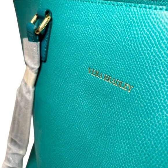 NEW Rare Vera Bradley Genuine Pebble Leather Ella Tote Purse Teal Blue Gold Gift - Picture 3 of 16